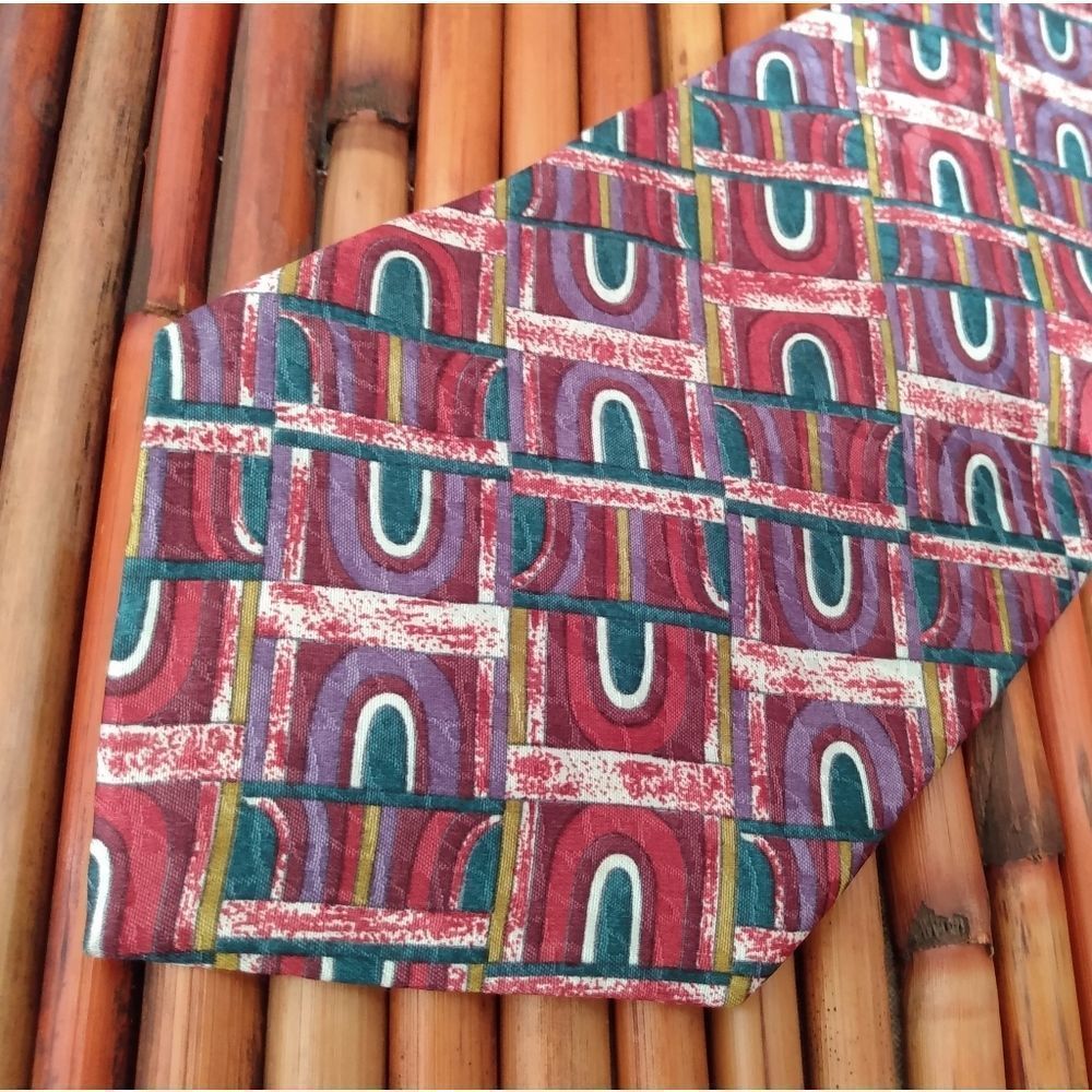EUC BUGATTI Multicolored Geometric Patterned Rainbow 100% Silk Tie